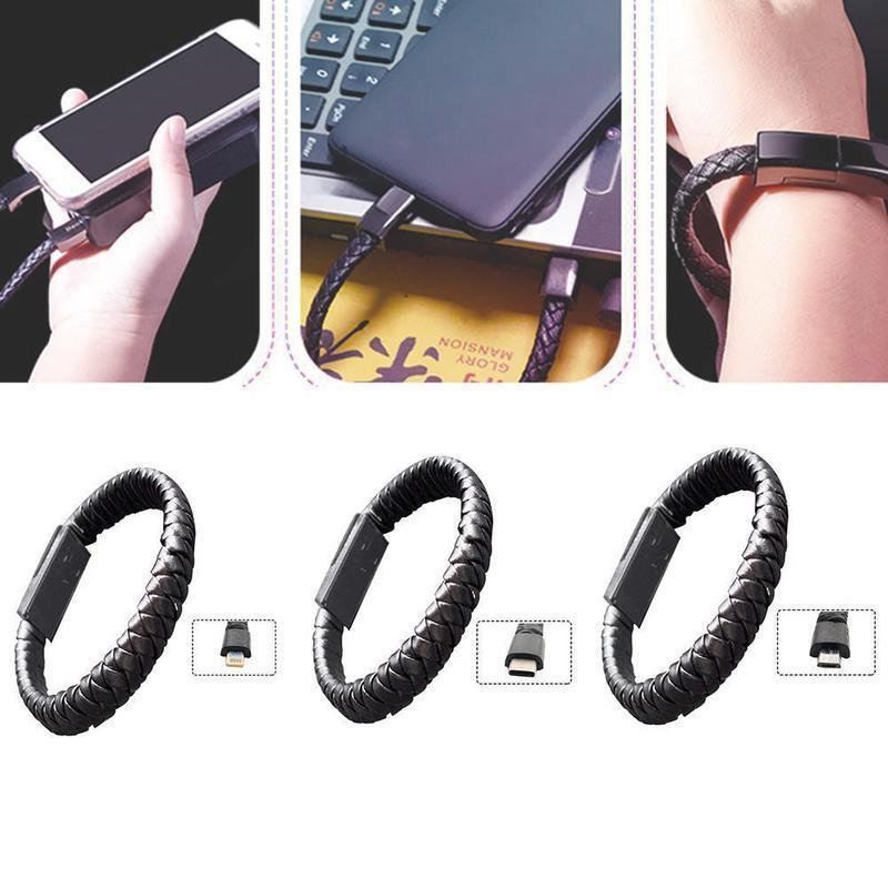 Black braided leather USB bracelet charger shown with USB-C and Lightning adapters.