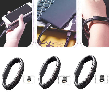 Black braided leather USB bracelet charger shown with USB-C and Lightning adapters.