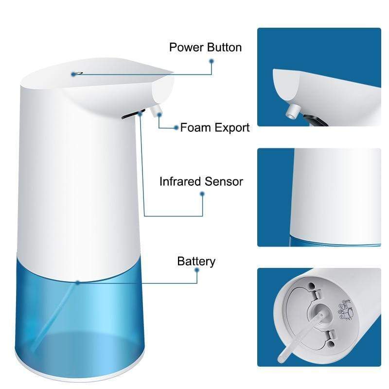 Automatic touchless foam soap dispenser with infrared sensor, power button, and battery