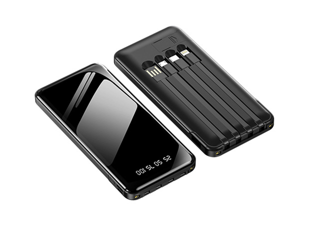 Black dual-port power bank shown with open port panel and compact back cover