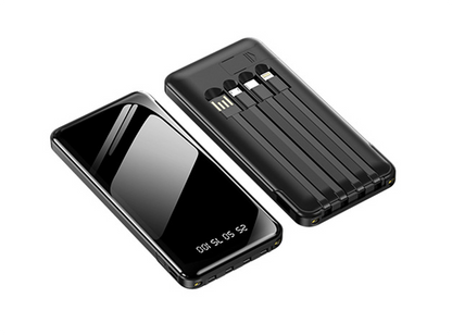 Black dual-port power bank shown with open port panel and compact back cover