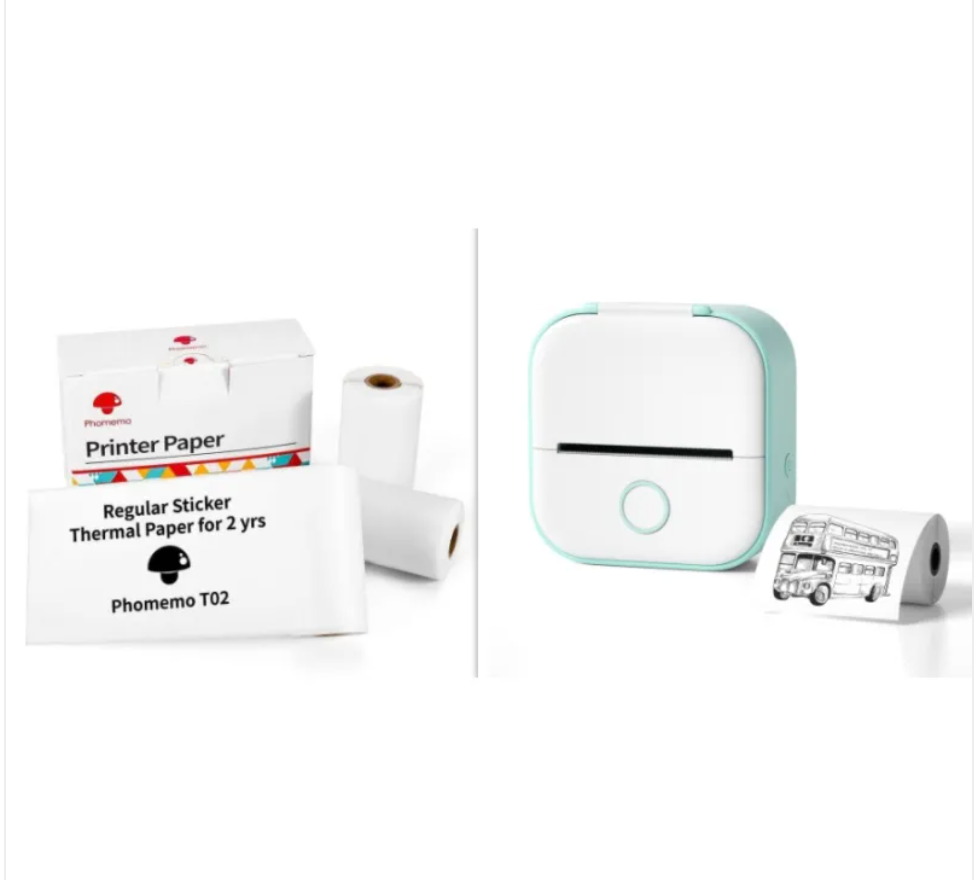 Teal and white mini Bluetooth label printer with paper pack and label roll