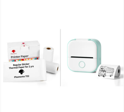 Teal and white mini Bluetooth label printer with paper pack and label roll