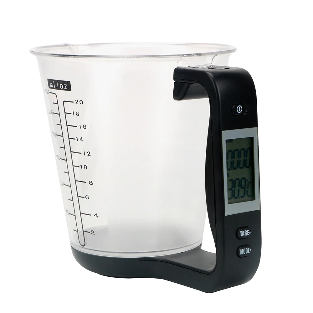 Digital LCD measuring cup scale with clear cup, black handle and base, LCD screen