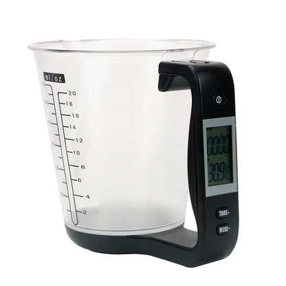 Digital LCD measuring cup scale with clear cup, black handle and base, LCD screen