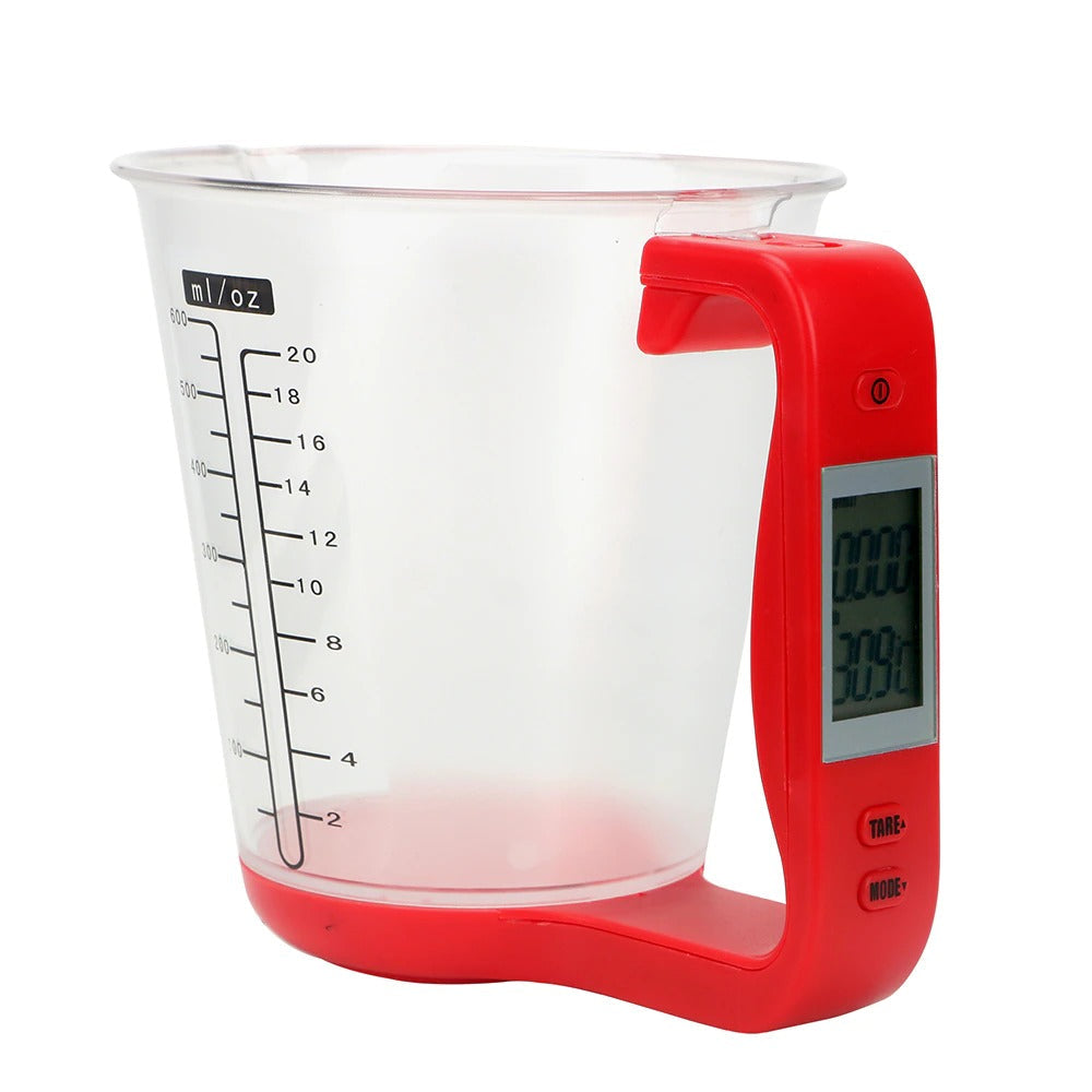 Red digital LCD measuring cup scale with cup volume markings and LCD screen