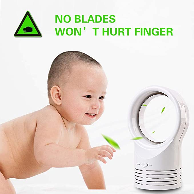 White bladeless desktop cooling fan with circular airflow ring and front vent grille