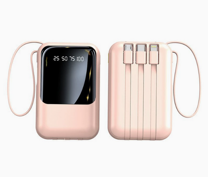 Pink portable power bank with LED screen and attached charging cables on both sides.