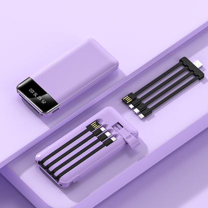 Purple portable power bank with display screen and USB output ports