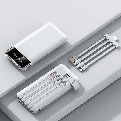 White portable power bank with LED screen and multi-connector charging cable set.