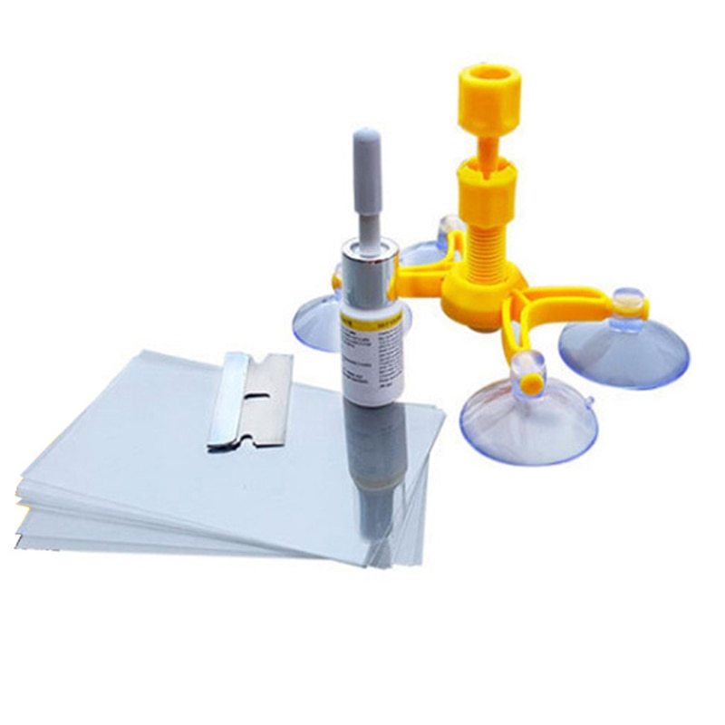 Auto glass crack repair kit with yellow injector stand, resin bottle, repair blades