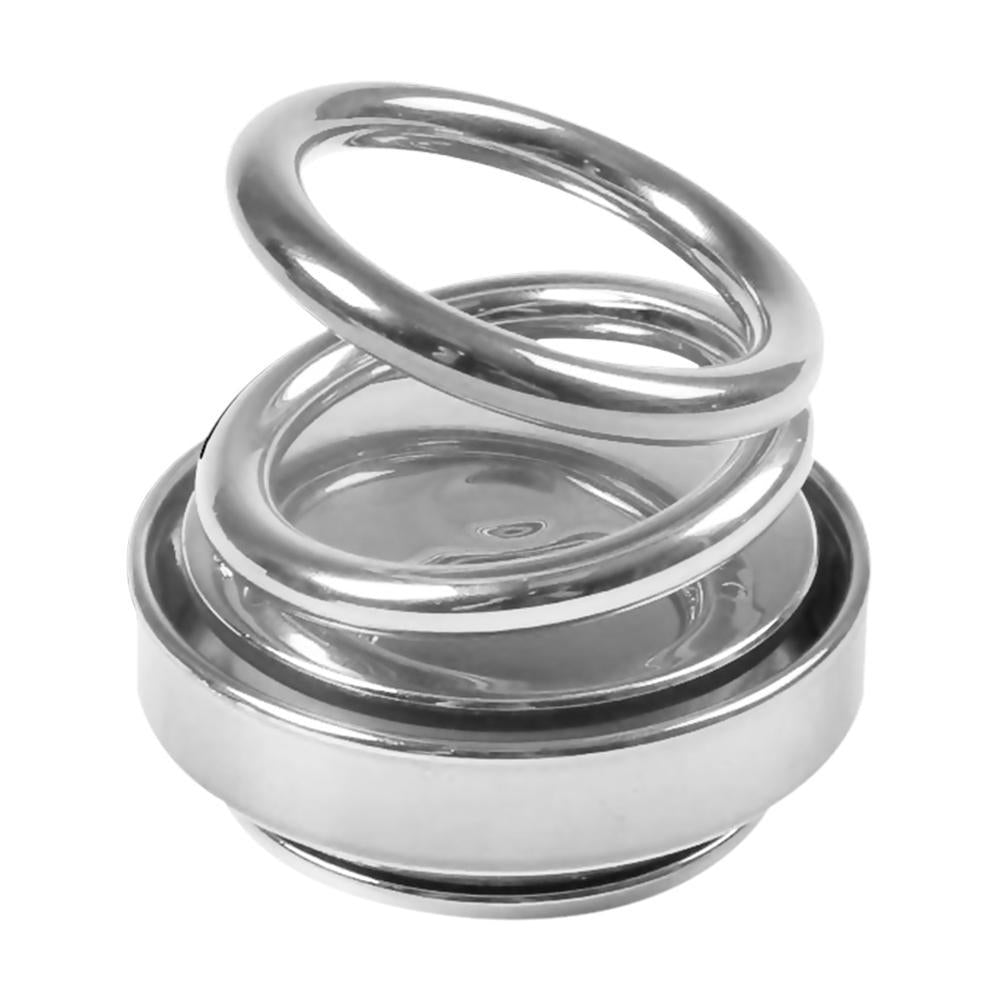 Silver double-ring car air freshener with glossy swirling top and circular base