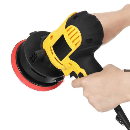 Electric car polisher with yellow housing and red foam edge polishing pad, right-hand grip