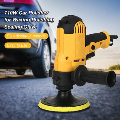 Electric car polisher tool with yellow top housing, black base, and wide circular pad