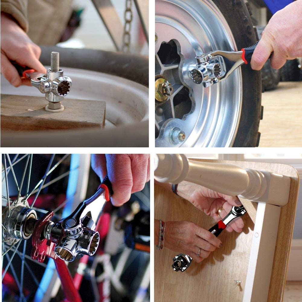 Universal socket wrench used on bicycle components with chrome socket and red-black handle