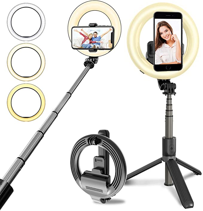 Adjustable ring light selfie stick with extra ring sizes and phone clamp