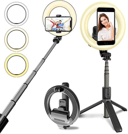 Adjustable ring light selfie stick with extra ring sizes and phone clamp