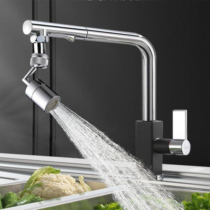 Chrome splash guard filter faucet attachment with fine water spray over a sink