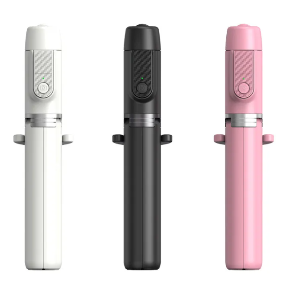 Bluetooth selfie stick tripod in white, black, and pink, with phone mount