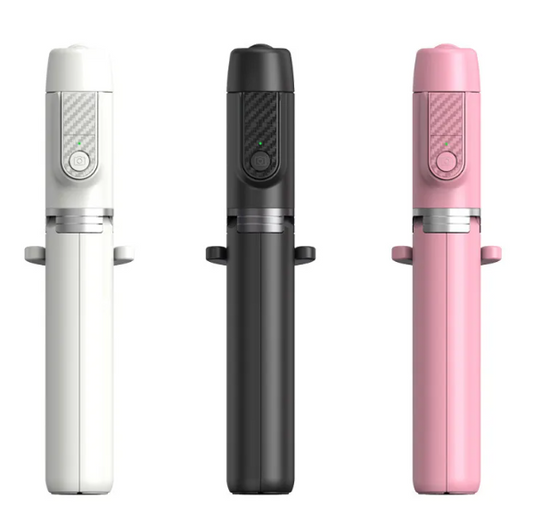 Bluetooth selfie stick tripod in white, black, and pink, with phone mount