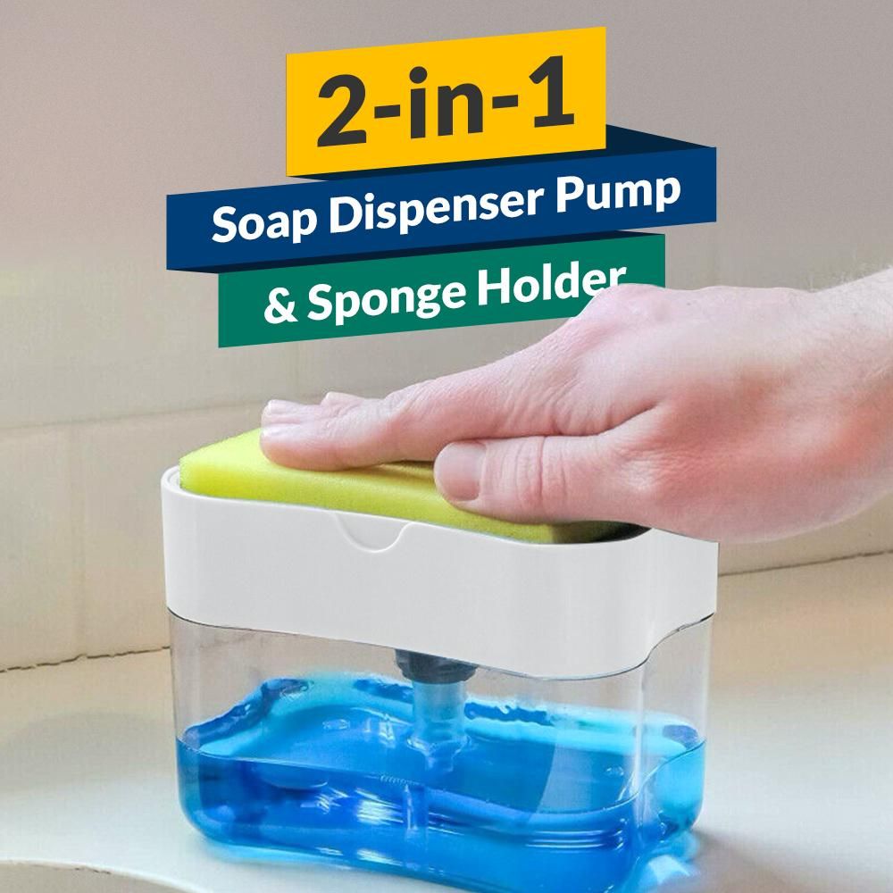 Double layer sponge and soap rack in bathroom sink area with yellow sponge on grey dispenser