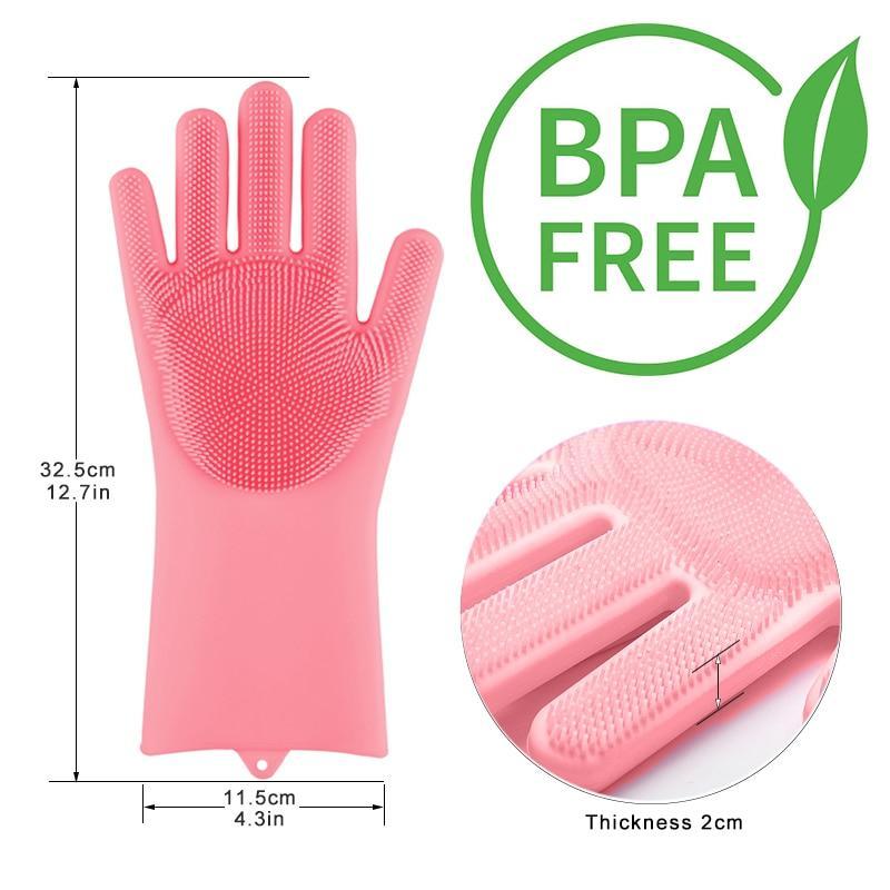 Pink silicone dishwashing gloves with size markings; thickness 2 cm detail