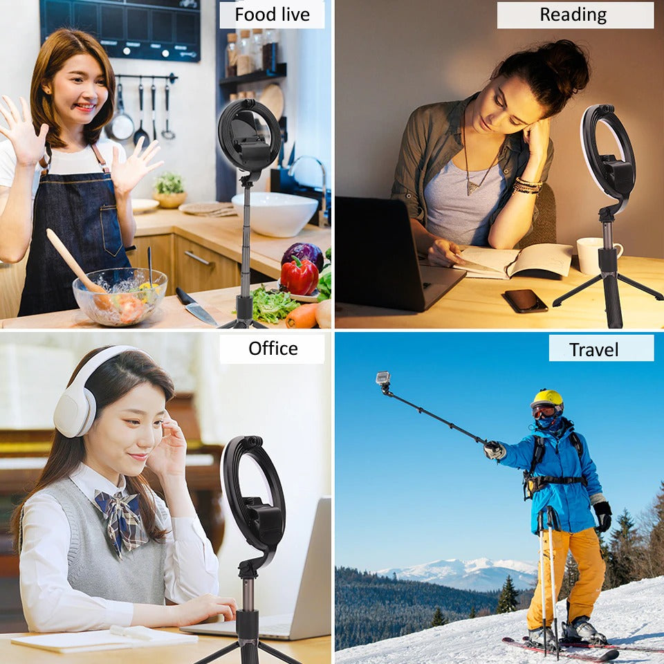 Ring light selfie stick with phone mount used for selfies at home and travel