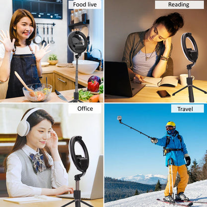 Ring light selfie stick with phone mount used for selfies at home and travel