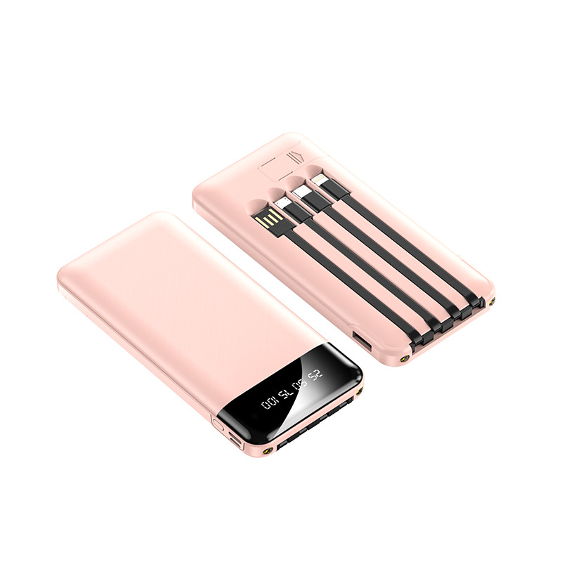 Rose pink portable power bank with LED screen and multi-cable dock.