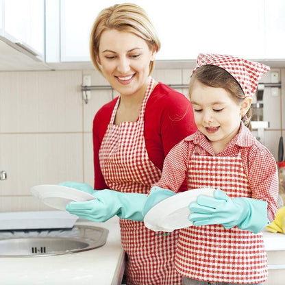 Adult and child wearing turquoise silicone dishwashing gloves while rinsing dishes