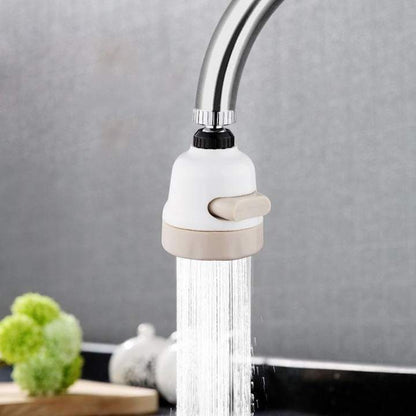 White faucet aerator on sink faucet head, showing aerated water stream