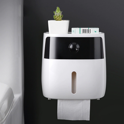 Wall-mount waterproof toilet paper holder with black front panel and central paper slot