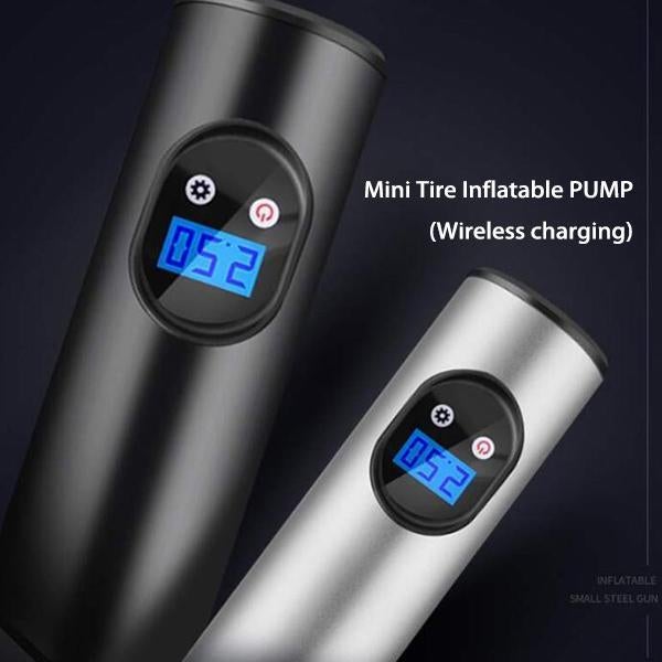Mini tire air pumps, black and silver with blue 250 display and control buttons