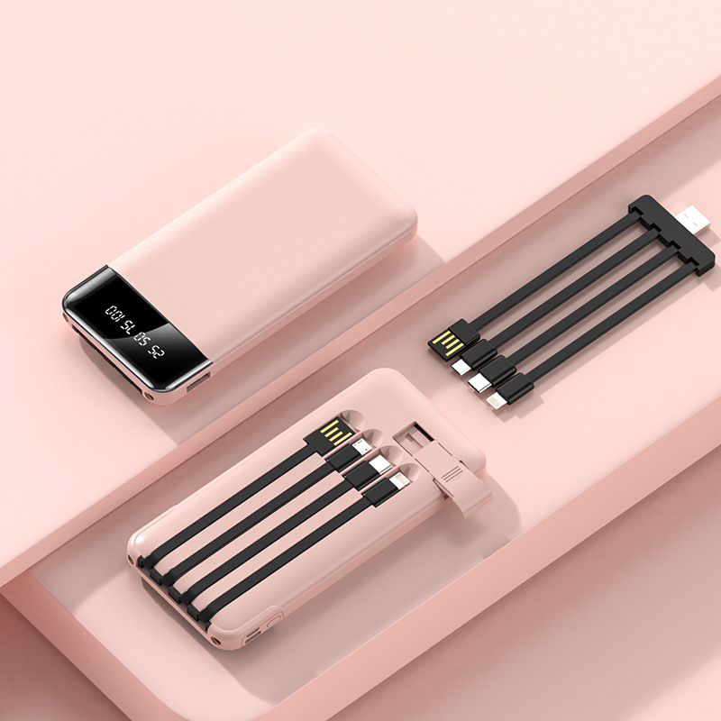 Pink portable power bank with screen, USB output ports, and multi-connector cable