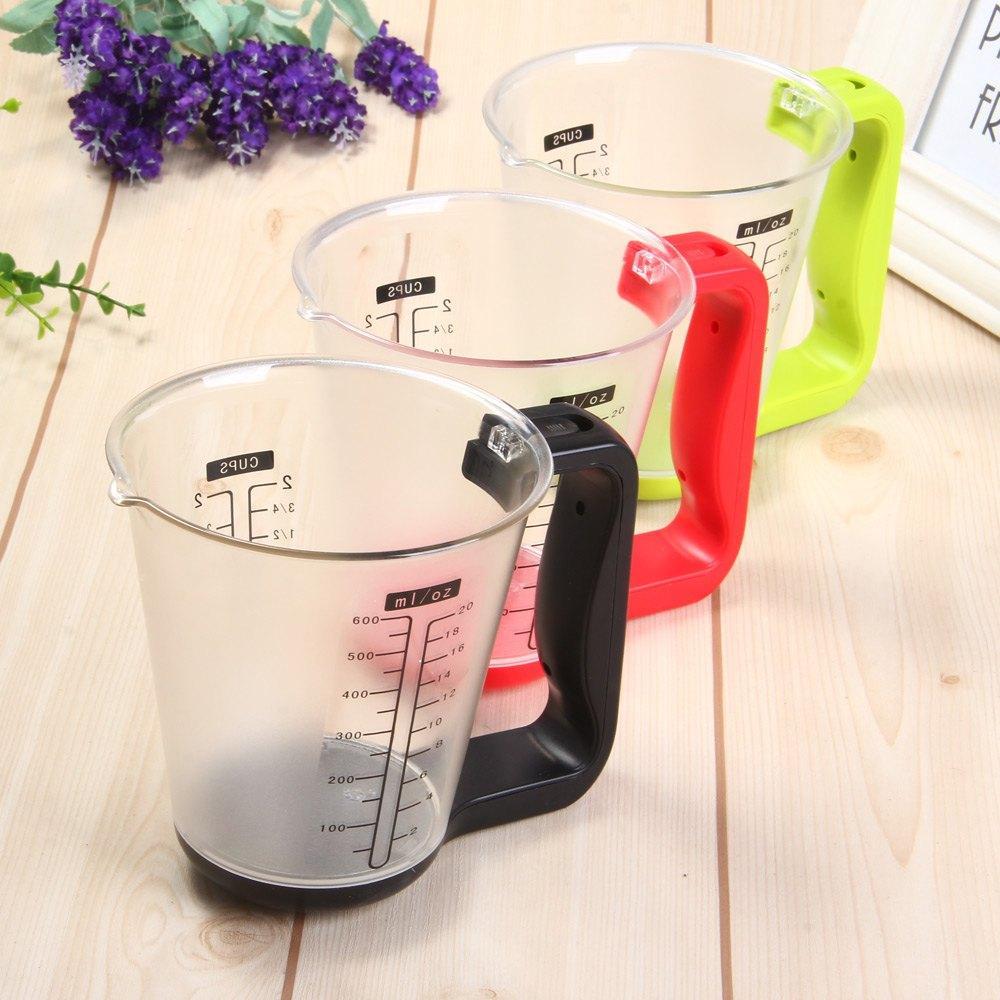 Clear measuring cup scale with black handle and digital LCD display