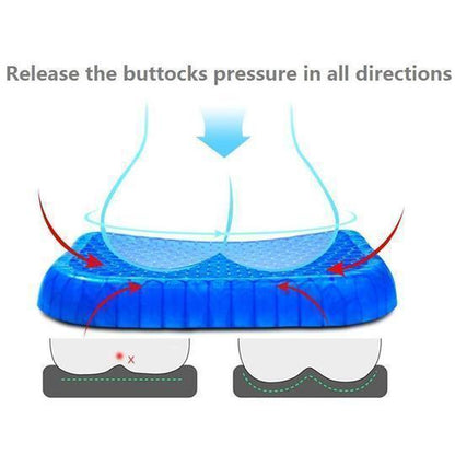 Blue silicone egg seat cushion pad with raised hex tread for pressure relief