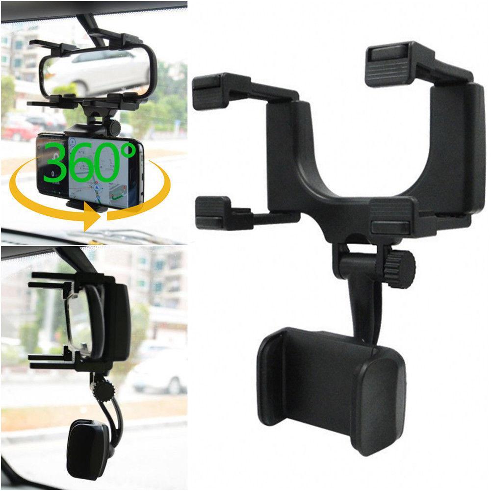 Black rearview mirror phone holder with mount and adjustable clamp