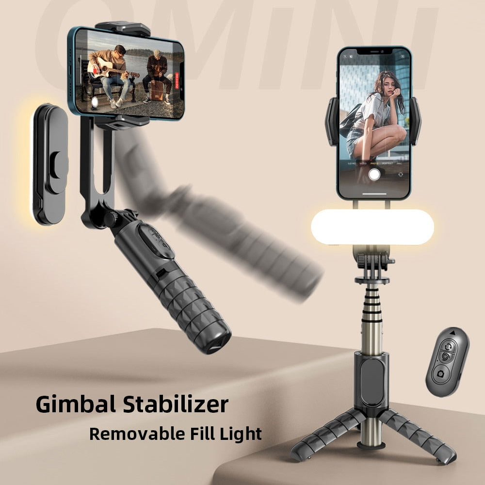 Handheld gimbal stabilizer with removable fill light, phone mount, and tripod base