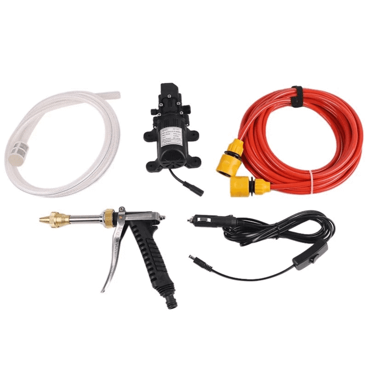 High-pressure car wash spray gun kit with hose, red line, pump, cables, and nozzle parts