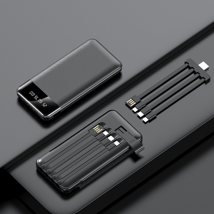 Dark gray portable power bank with LED screen and bundled multi-connector charging cables.