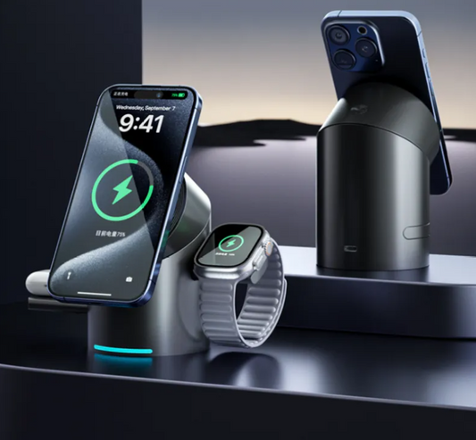 Magnetic 3-in-1 charging station with phone, smartwatch, and earbuds on stand