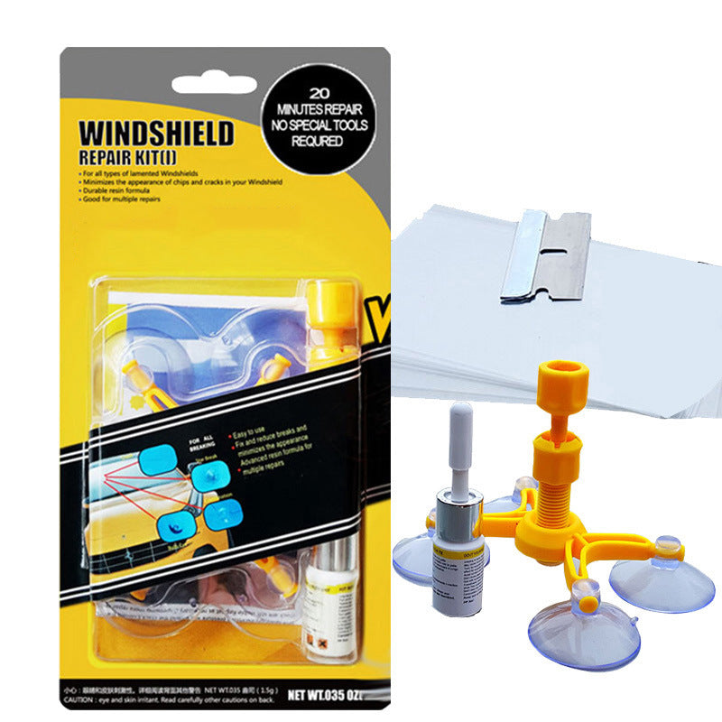 Auto glass crack repair kit package with yellow injector tool and resin bottle