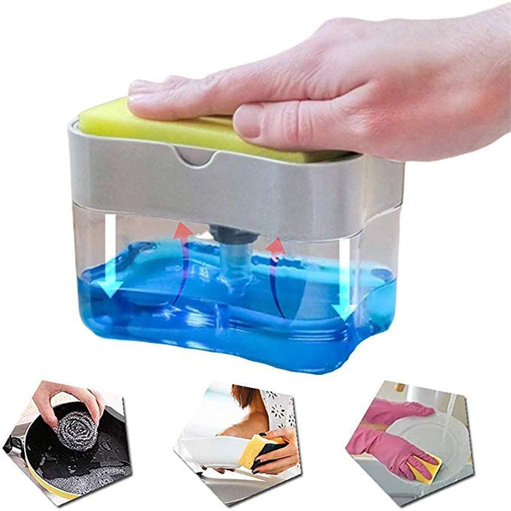 Double layer sponge and soap rack being pressed by hand; yellow-green sponge on grey holder, blue base