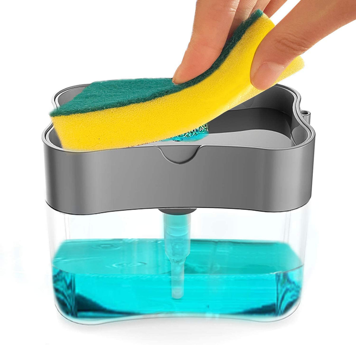 Double layer sponge and soap rack with hand holding yellow sponge over grey holder and blue base