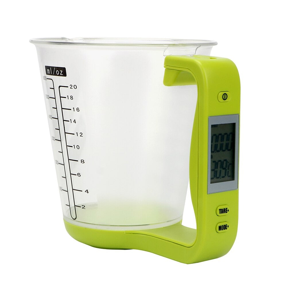 Green digital LCD measuring cup scale with clear cup and side LCD display
