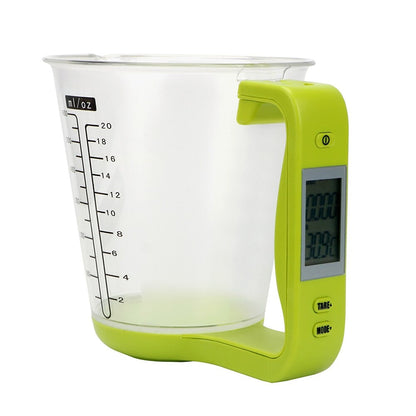 Green digital LCD measuring cup scale with clear cup and side LCD display
