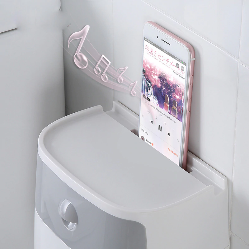 Wall-mount waterproof toilet paper holder with open shelf holding a smartphone