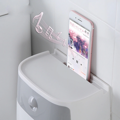Wall-mount waterproof toilet paper holder with open shelf holding a smartphone