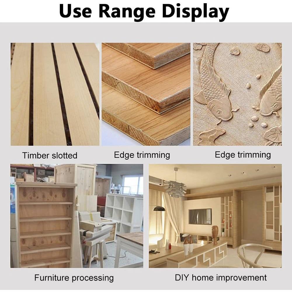 Edge trimming use range display with timber slots and carved wood examples