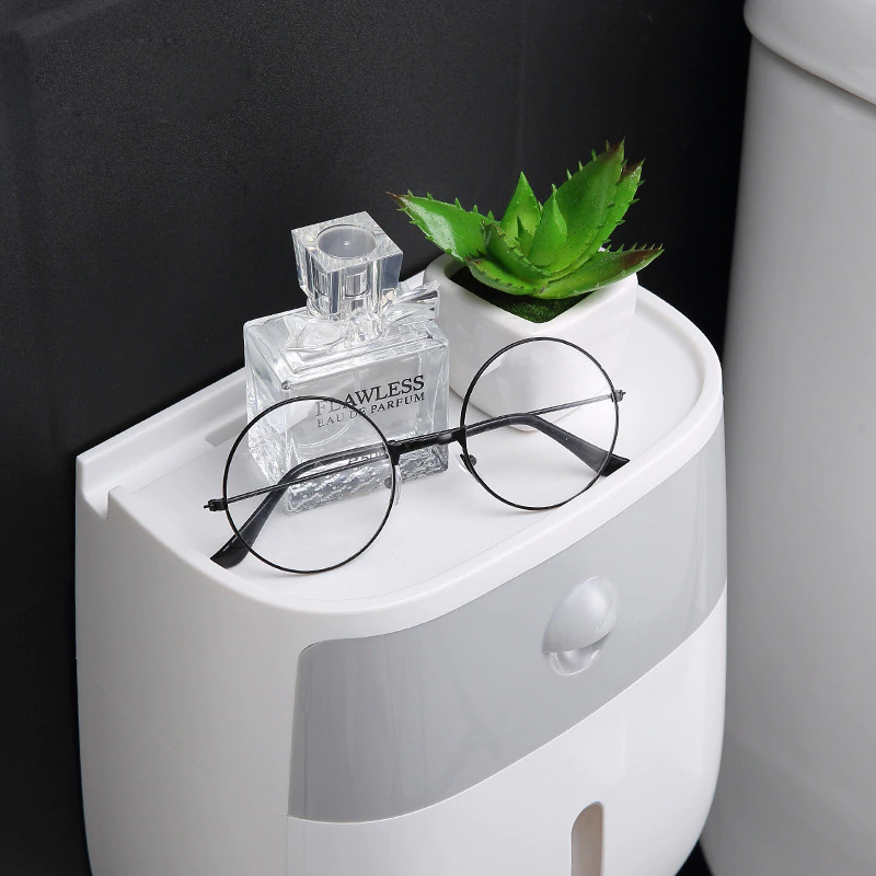 Wall-mount waterproof toilet paper holder with white lid and open storage tray